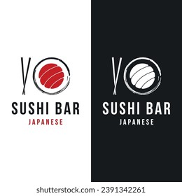 Japanese food sushi logo with crossed chopsticks. Logo for restaurant, business, bar.