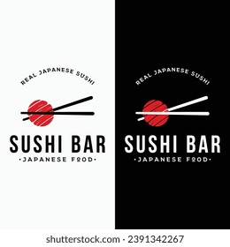 Japanese food sushi logo with crossed chopsticks. Logo for restaurant, business, bar.