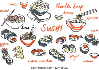 Japanese food - sushi & noodles vector illustration
