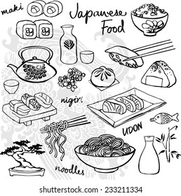 Japanese food - sushi & noodles vector illustration