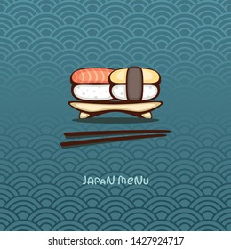 Japanese food. Sushi on on traditional japan ornament. Vector illustration for menu decoration. Logo design.