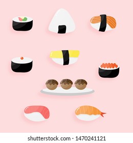 Japanese food sushi onigiri takoyaki. Colorful collection of Asian meal. 