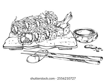 Japanese food sushi roll set on ceramic plate with soy sauce bowl, chopsticks. Raw fish shrimp prawn, sesame avocado, hand drawn in vector pen, ink. Illustration for restaurant, cafe menu, recipe book