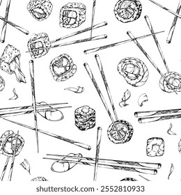 Rollos de sushi de comida japonesa, California Filadelfia Alaska en palillos con salmón crudo de pescado unagi atún camarón, dibujado a mano en pluma de Vector y tinta. Modelo inconsútil para el menú del café del restaurante, libro de la receta