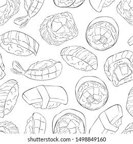 Japanese food. Sushi and rolls. Cartoon food. Seamless vector pattern (background). Black and white print.