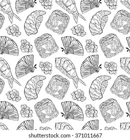 Japanese food. Sushi and rolls. Fan and cherry blossoms. Vector seamless pattern (background).