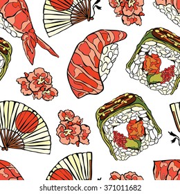 Japanese food. Sushi and rolls. Fan and cherry blossoms. Vector seamless pattern (background).