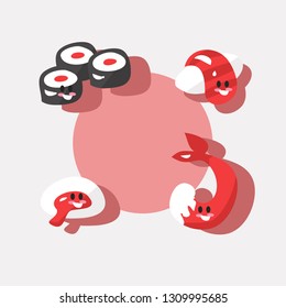 Japanese food. Sushi, rolls, mochi, and shrimp with funny faces. 