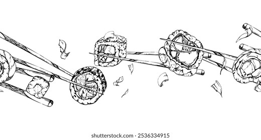 O sushi de comida japonesa rola em pauzinhos com peixe cru salmão unagi atum shrimp, california philadelphia alaska, mão desenhada em caneta vetor e tinta. Banner perfeito para restaurante, menu café, livro de receitas