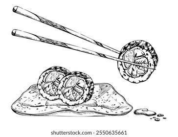 Japanese food sushi rolls on chopsticks, ceramic plate with raw fish unagi nori avocado sesame with soy sauce bowl, hand drawn in vector pen, ink. Illustration for restaurant, cafe menu, recipe book