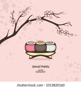 Japanese food. Sushi Rolls and sakura branch. Vector illustration for menu decoration and logo design. Hanami vector illustration.