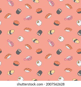 Japanese food. Sushi and rolls. Salmon, shrimp, caviar, nori seaweed, avocado, rice. Seamless vector pattern (background). Cartoon print.