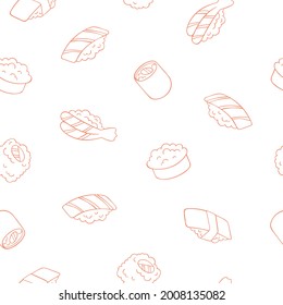 Japanese food. Sushi and rolls. Salmon, shrimp, caviar, nori seaweed, avocado, rice. Seamless vector pattern (background). Cartoon print.