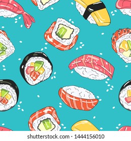 Japanese food. Sushi and rolls. Sea food. Seamless vector pattern (background). Cartoon print.