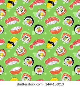 Japanese food. Sushi and rolls. Sea food. Seamless vector pattern (background). Cartoon print.