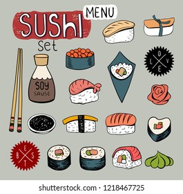 Japanese food, sushi, rolls, soups and noodles. Doodle illustrations for creation of various designs of the menu, banners etc.
