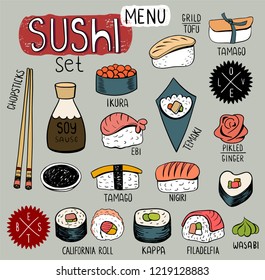 Japanese food, sushi, rolls, soups and noodles. Doodle illustrations for creation of various designs of the menu, banners etc.