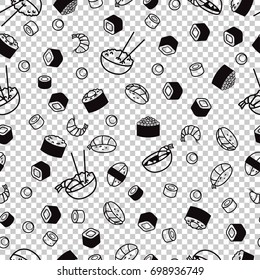 Japanese food. Sushi and rolls. Vector seamless pattern background.