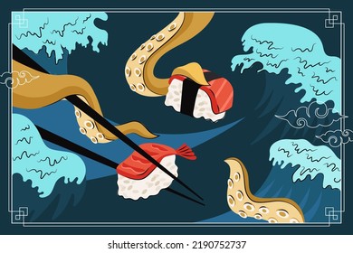 Japanese food sushi and sashimi drawing poster design. Japan national dish rice and raw fish and shrimp. Squid or octopus tentacles hold chopsticks on sea waves. Seafood roll bar menu promo eps