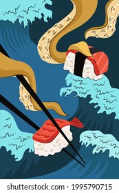 Japanese food sushi and sashimi poster hand-drawn design. Japan national dish rice and raw fish and shrimp. Squid or octopus tentacles hold chopsticks on sea waves. Seafood rolls bar menu promo banner