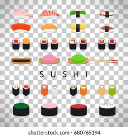 Japanese food sushi set, sushi flat icons vector isolated on transparent background