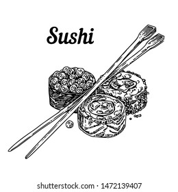 Japanese food. Sushi. Three rolls and chopsticks. Engraving style. Vector illustration.