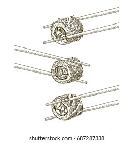 Japanese food. Sushi. Three rolls and chopsticks. Set. Engraving. Vector illustration.