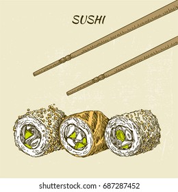 Japanese food. Sushi. Three rolls and chopsticks. Engraving. Color. Vintage style. Vector illustration.