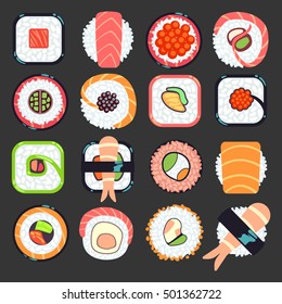 Japanese food sushi vector illustration, Set of type seafood roll