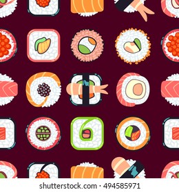 Japanese food sushi vector seamless pattern. Background with roll seafood illustration