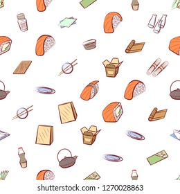 Japanese food and Table setting set. Background for printing, design, web. Usable as icons. Seamless. Colored.
