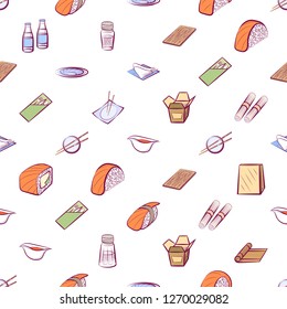 Japanese food and Table setting set. Background for printing, design, web. Usable as icons. Seamless. Colored.