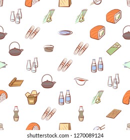 Japanese food and Table setting set. Background for printing, design, web. Usable as icons. Seamless. Colored.