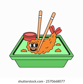 Japanese Food Tempura shrimp fried served in a tray with chopstick in cartoon illustration hand drawn retro vector