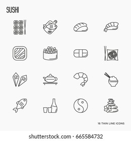 Japanese food thin line icons set: sushi, noodles, tea, rolls, shrimp, fish, sake. Vector illustration.