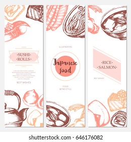 Japanese Food - three piece color vector hand drawn square template banner with copy space. Realistic sushi, ramen, fish, roll, rice ball, teapot, shrimp, miso soup.