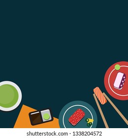 Japanese food time set with octopus, squid, salmon roe sushi, sashimi and green tea. Template for wallpaper, banner, website, cover and decorations. Top view flat style vector illustration. 