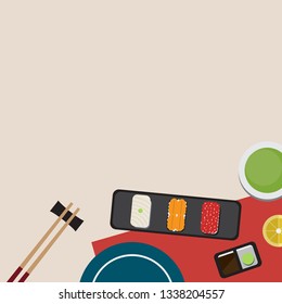Japanese food time set with squid, urchins, salmon roe sushi, soy sauce and green tea. Template for wallpaper, banner, website, cover and decorations. Top view flat style vector illustration. 