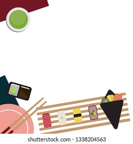 Japanese food time set with tuna, squid, omelette, smoked fish sushi, hand roll and green tea. Template for wallpaper, banner, website, cover and decorations. Top view flat style vector illustration. 
