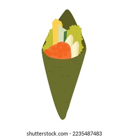 Japanese food ,tobiko temaki sushi or Egg and flying fish roe sushi.  Vector illustration. With salmon, cucumber and tobiko caviar. Hand roll with salmon and vegetables in minimalistic style. 