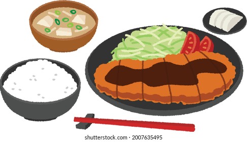 Japanese food, Tonkatsu topped with delicious gravy sauce. Tonkatsu or Japanese deep fried pork cutlet can be found at Japanese restaurants. Set comes with rice and miso soup.