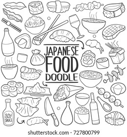 Comida japonesa tradicional ícones de doodle esboço feito à mão projeto vetor