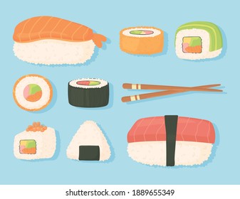 japanese food traditional fresh sushi and chopsticks design vector illustration