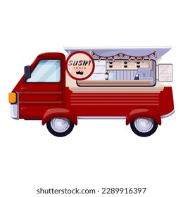 Japanese food truck with sushi vector illustration. Cartoon isolated retro mobile Japan restaurant, side view of cute red street shop vehicle with sushi sign and wheels for festival in city park