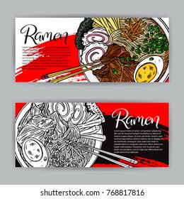 Japanese food. two beautiful banners of Appetizing ramen. hand-drawn illustration