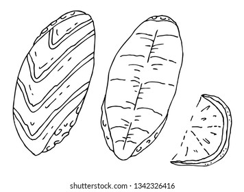 Japanese food two sushi and a slice of lemon line art black and white vector