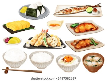 Japanese food. Variety. Rice. Onigiri. Miso soup. Tempura. Grilled fish. Boiled fish. Tamagoyaki. 