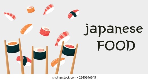 Japanese food. Vector banner with rolls on sticks - sushi and nigiri with fish. Flat style illustration. Asian food