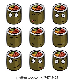 Japanese food. Vector cartoon roll.  Sushi roll comic characters.