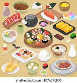 Japanese food vector eat sushi sashimi roll or nigiri and seafood with rice in Japan restaurant illustration Japanization cuisine with chopsticks set isolated on background